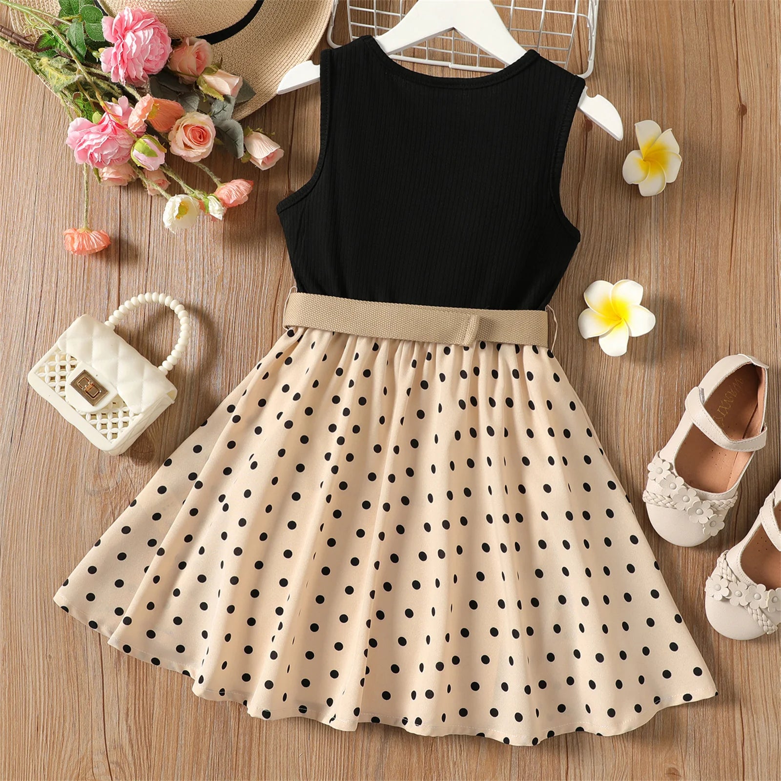 2pcs Girl Dresses Kids Clothes Girl Polka Dots Ribbed Girls Splice Sleeveless Dress & Belt-Dollar Bargains Online Shopping Australia