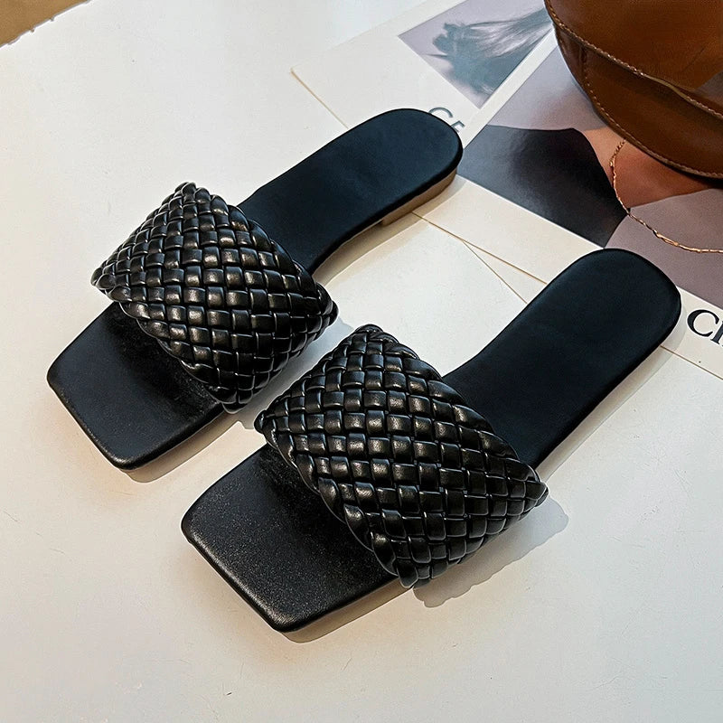 Braided Red Square Toe Flat Flip-Flops Fashion Beach Mules Casual Indoor Home Slippers