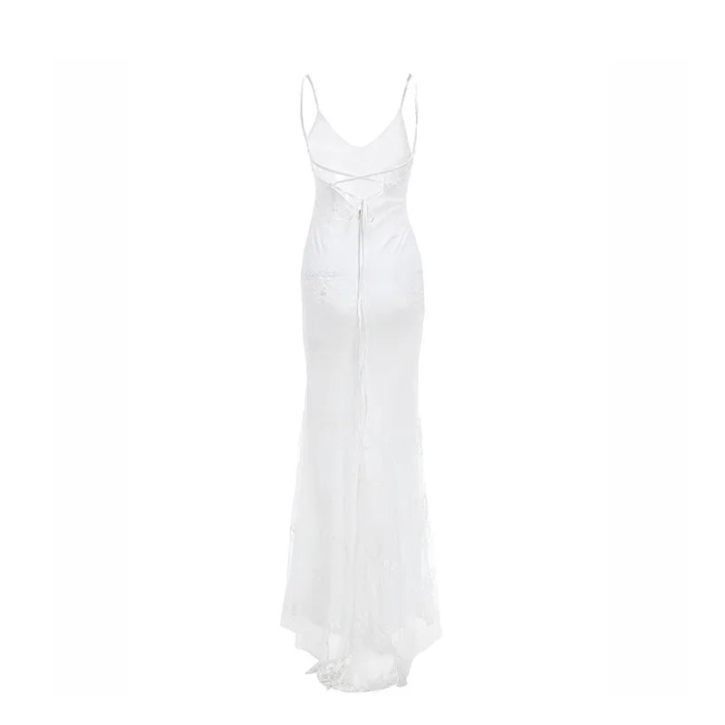 Women Party Long Dress White Sexy Lace Dress V Neck Backless Lace Up Maxi Bodycon Dresses
