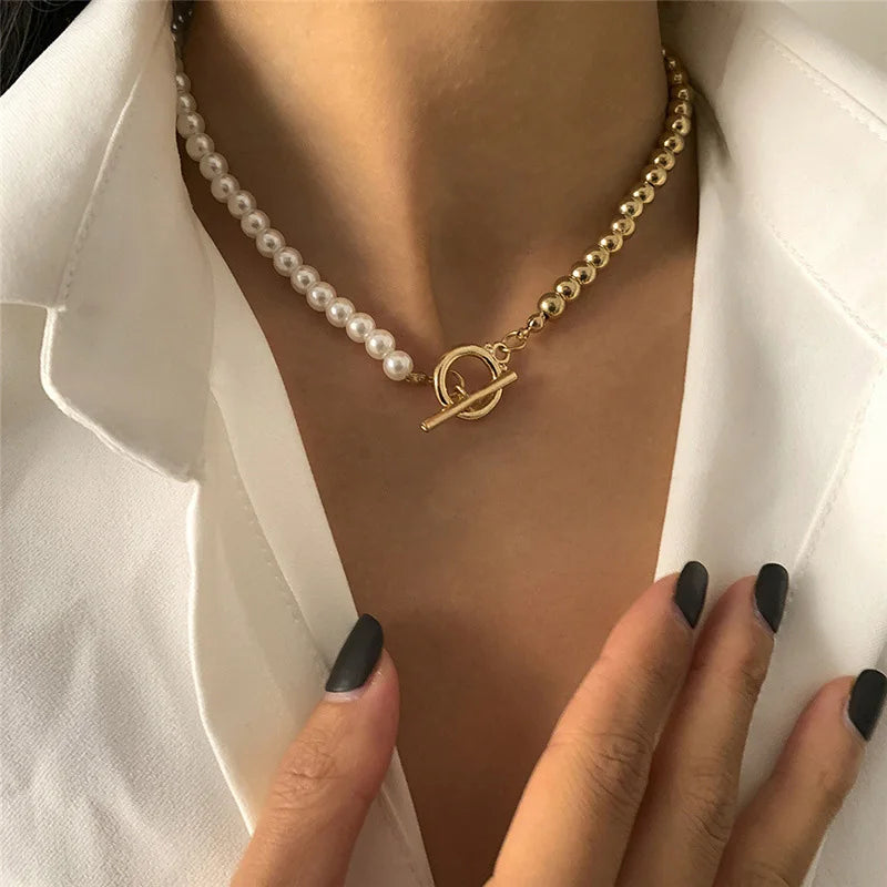 Goth Pearl Choker Necklace Gold Color Lasso Pendants Women Jewelry On The Neck Chain Beads Necklace Chocker Collar For Girl Kpop