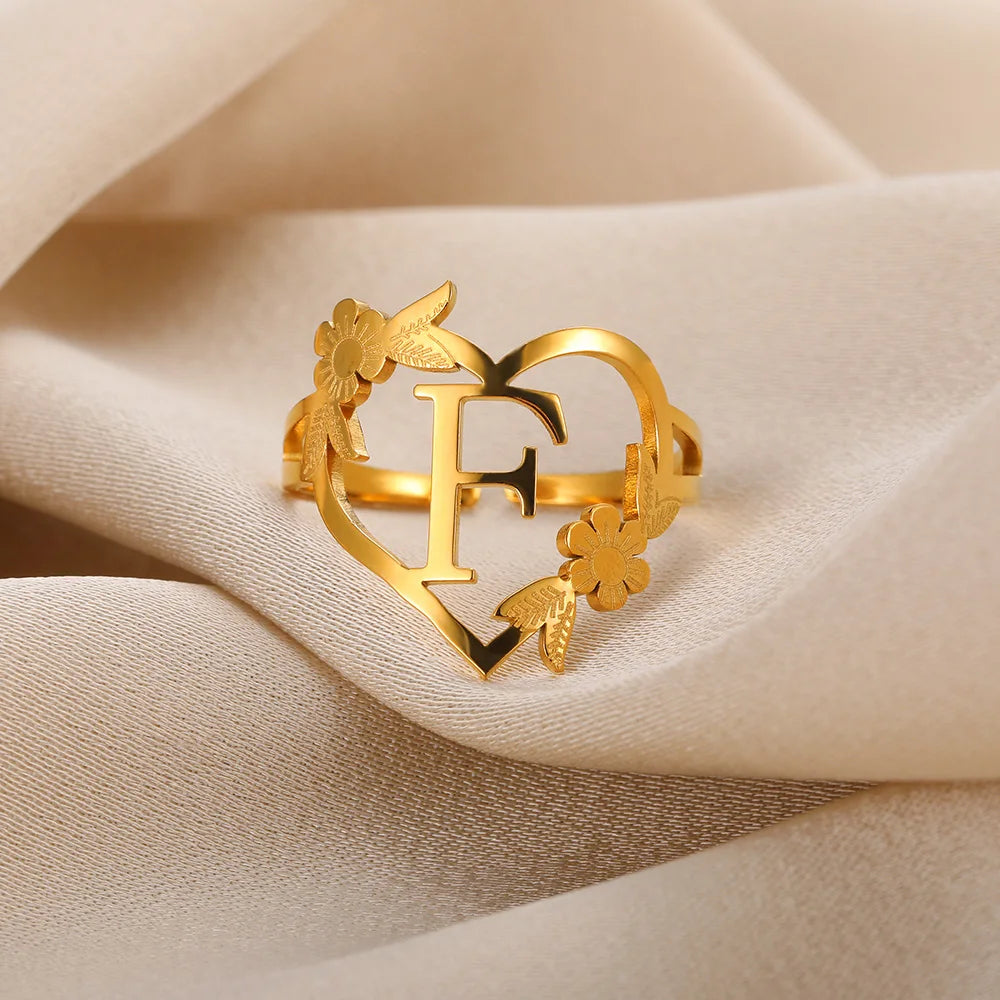 Stainless Steel Initials Flower Heart Rings Gold Color Adjustable Delicate Letter Leaf Rings For Women Girl Alphabet Jewelry-Dollar Bargains Online Shopping Australia