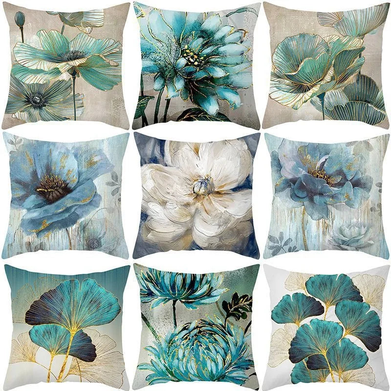 Oil Painting Flowers Decorative Pillowcase for Sofa Ginkgo Leaves Printed Polyester Cushion Cover 45x45cm Home Decor