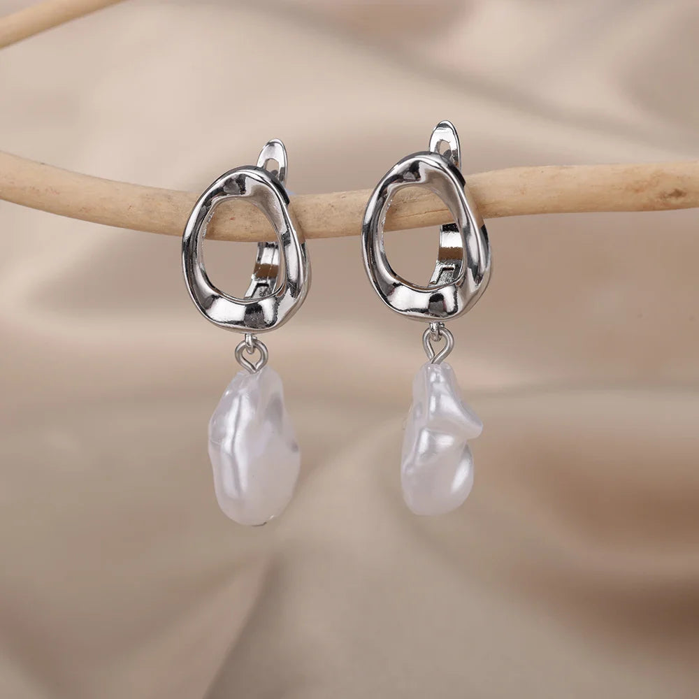 Baroque Pearl Earrings For Women Stainless Steel Zircon Water Droplet Steel Ring Drop Earring Wedding Party Jewelry Bijoux Femme
