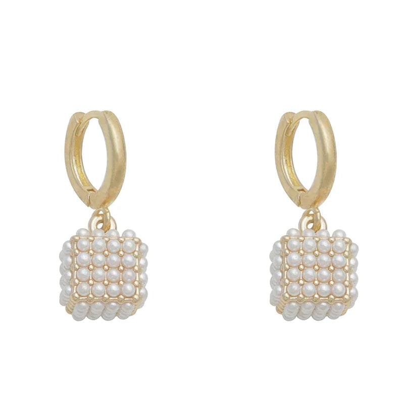 Premium Pearl Stereoscopic Square Pendant Earrings Eardrop party Girl’s Luxury