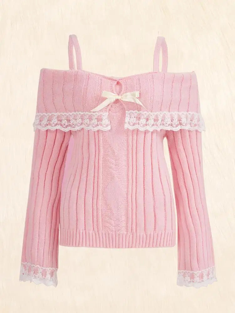 Grunge Aesthetics Pink Pullover Sweet y2k Vintage Off Shoulder Knit Sweater Long Sleeve Bow Lace Patchwork Jumpers Streetwear-Dollar Bargains Online Shopping Australia