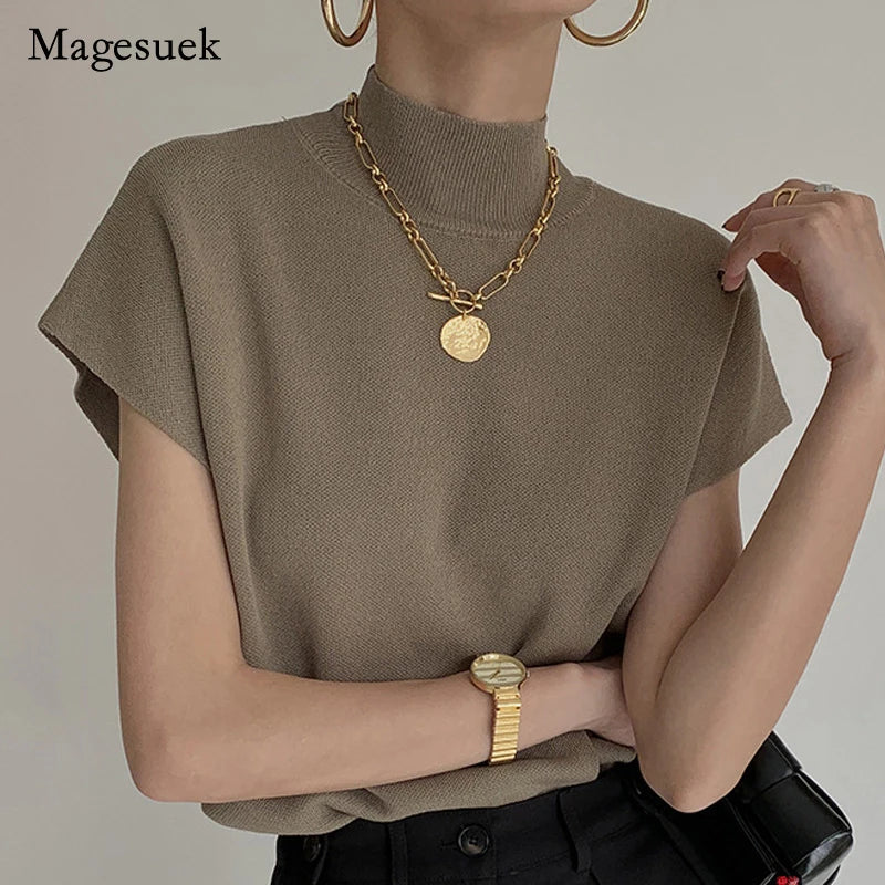 Fashion Vest Shirt Solid Stand-up Collar Knitted Sweater Short Sleeve Office Lady Loose Elegant All-Match Straight Tops 20397-Dollar Bargains Online Shopping Australia