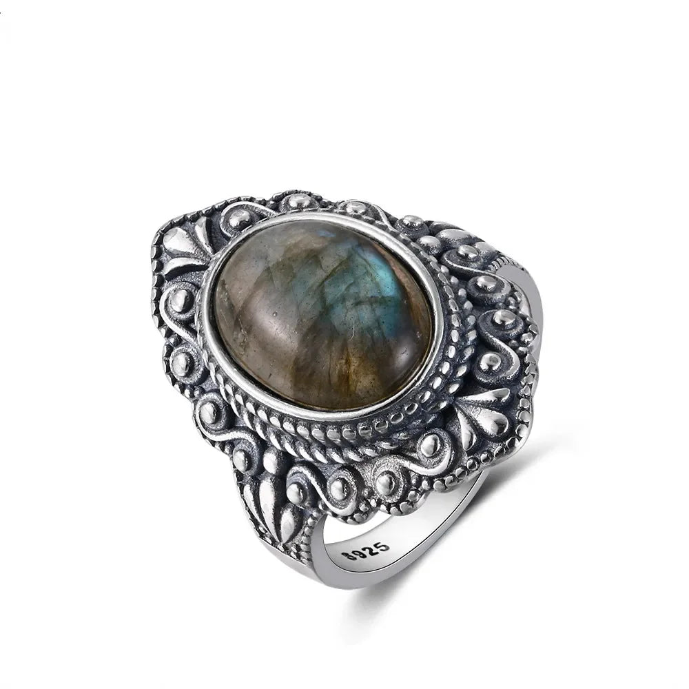 Oval Natural Labradorite Rings Women Men 925 Sterling Silver Ring Finger Ring Retro Gemstone Rings Jewelry Party Gift