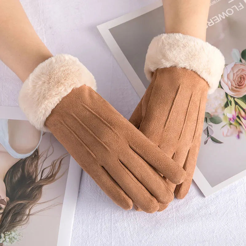 Cashmere Warm Suede Leather Cycling Mittens Double Thick Velvet Plush Wrist Women Touch Screen Driving Gloves-Dollar Bargains Online Shopping Australia