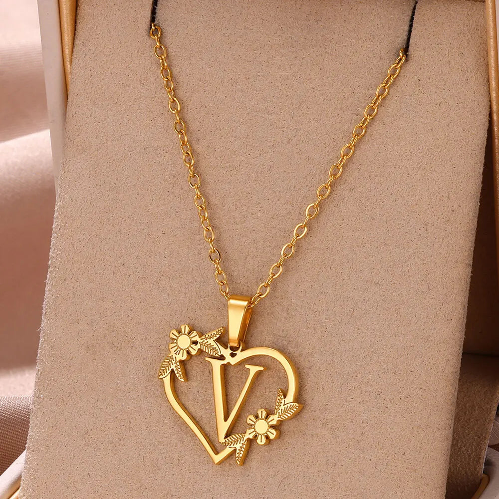 Gold Color Dainty Flower Initials Necklace Women Girl Stainless Steel Heart Letter Choker Necklace Best Gifts Alphabet Jewelry-Dollar Bargains Online Shopping Australia