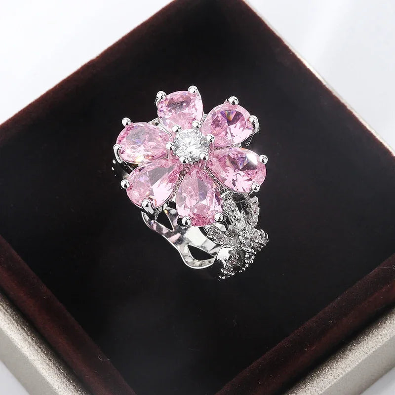 Exquisite Colorful Zircon 925 Silver Ring Women for Ring Fashion Pink Flowers Women's Engagement Ring Party Jewelry Peach-Dollar Bargains Online Shopping Australia
