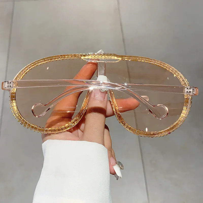 Oversized Pilot Sunglasses Women For Female Luxury Brand Designer Sun Glasses Vintage Big Frame One Piece Diamond Crystal Shades-Dollar Bargains Online Shopping Australia
