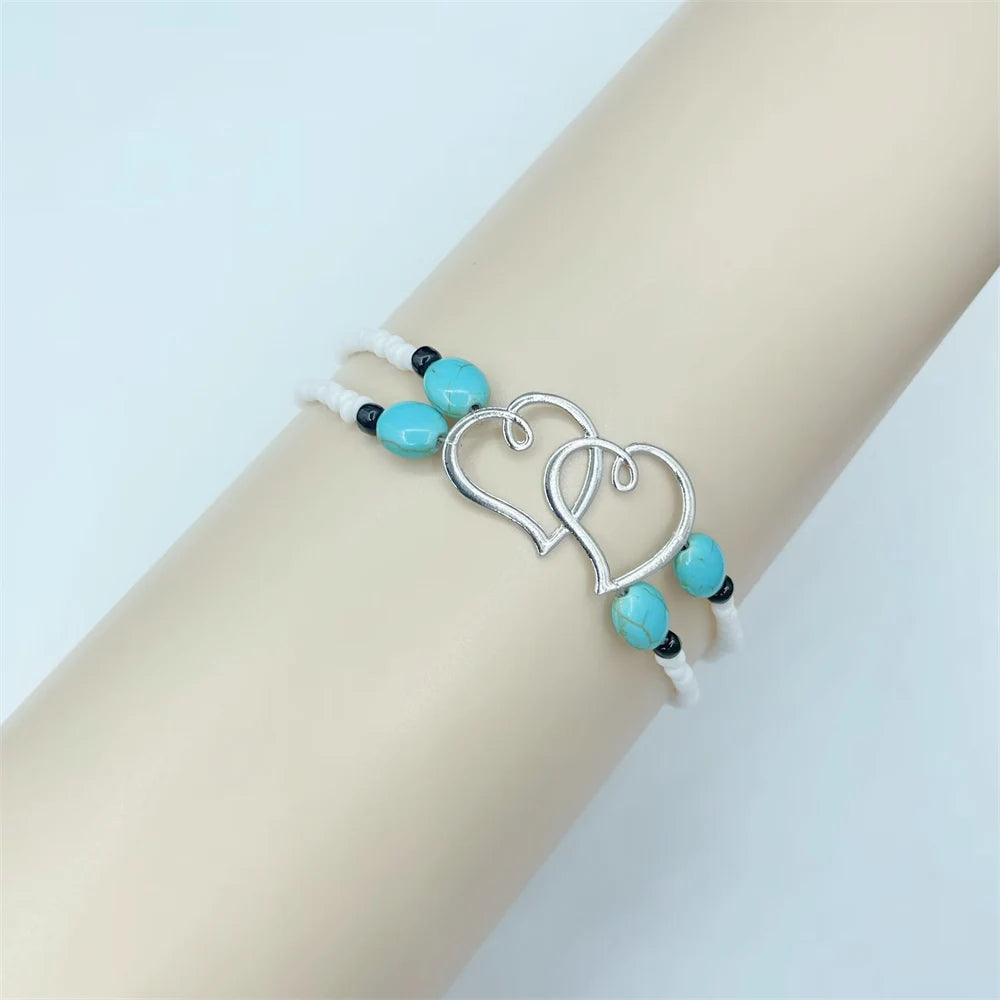 Vintage Layer Beaded Hollow Double Heart Anklet for Women Female Bohemia Resin Beads Chain Silver Color Beach Ankle Foot Jewelry-Dollar Bargains Online Shopping Australia