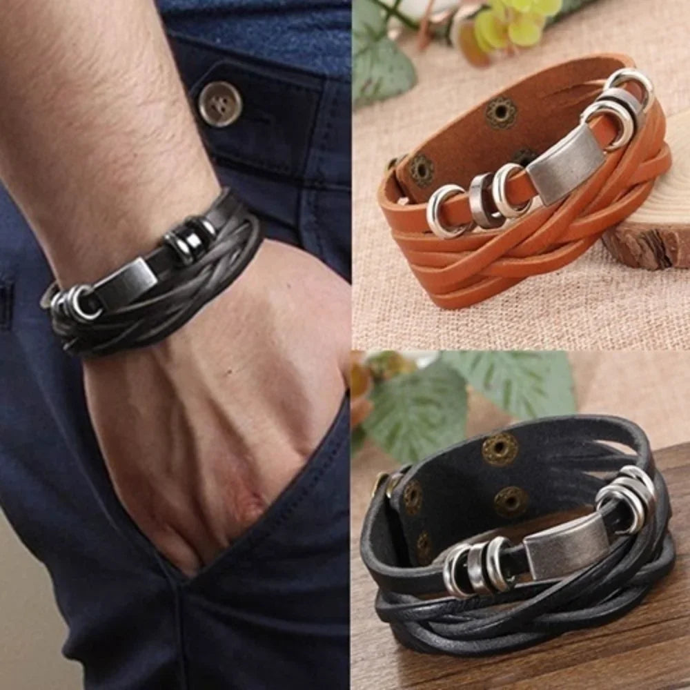 Mens Vintage Multilayer Braided Faux Leather Bangle Cuff Bracelet Wristband-Dollar Bargains Online Shopping Australia