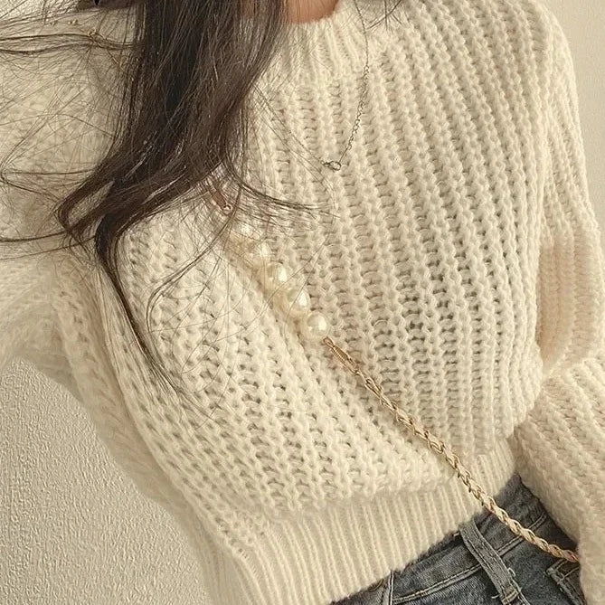 Knitted Sweater Pullovers New Design Cute Sweet Japan Girls Solid O Neck Short Crop Knit Tops 4 Colors 2023 Winter Autumn-Dollar Bargains Online Shopping Australia