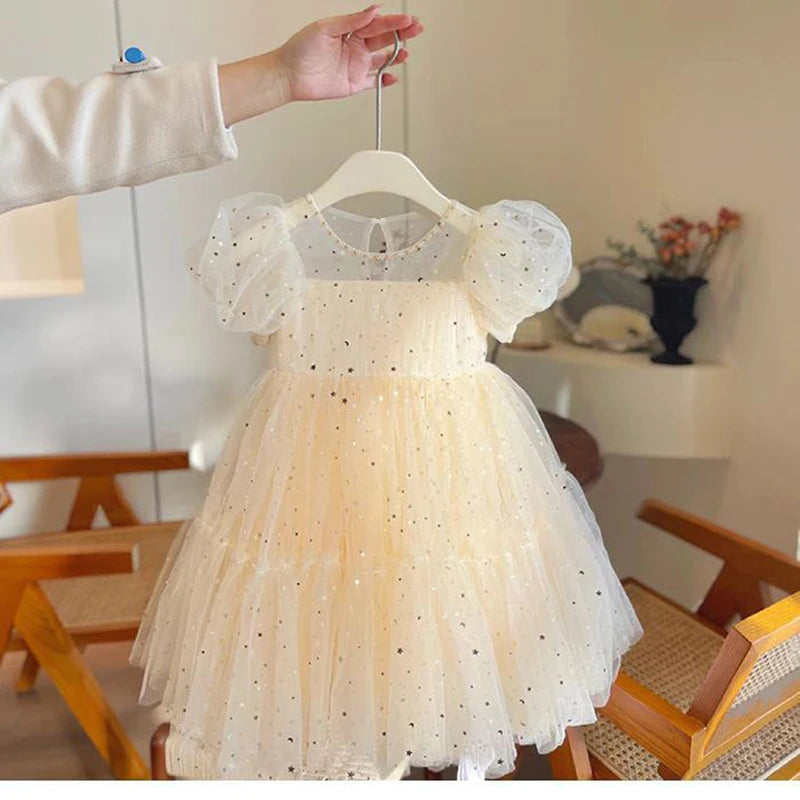 Girls' Elegant Dress Girl Baby Bubble Sleeve Mesh Sequin Dress Temperament Princess Party Short Sleeve Dress-Dollar Bargains Online Shopping Australia