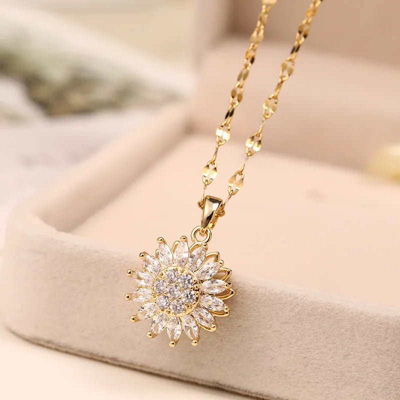 Double-layer Rotatable Sunflower Necklaces Women Chain Choker Stainless Steel-Dollar Bargains Online Shopping Australia