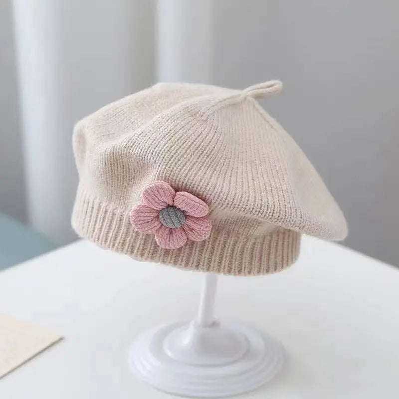 Flower Baby Beret Hat Solid Color Winter Warm Knitted Beanie Cap For Infant Girl Korean Toddler Princess Artist Painter Cap-Dollar Bargains Online Shopping Australia