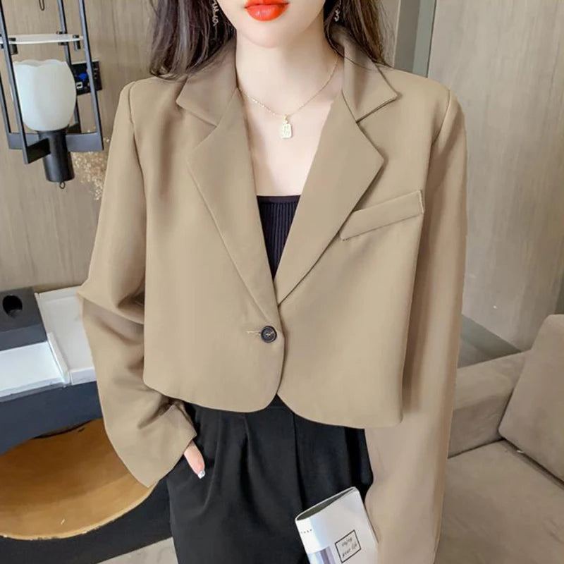 Cropped Blazers Women Solid Color Simple Single-button Outwear Teens All-match Long Sleeve Office Suit Jacket-Dollar Bargains Online Shopping Australia