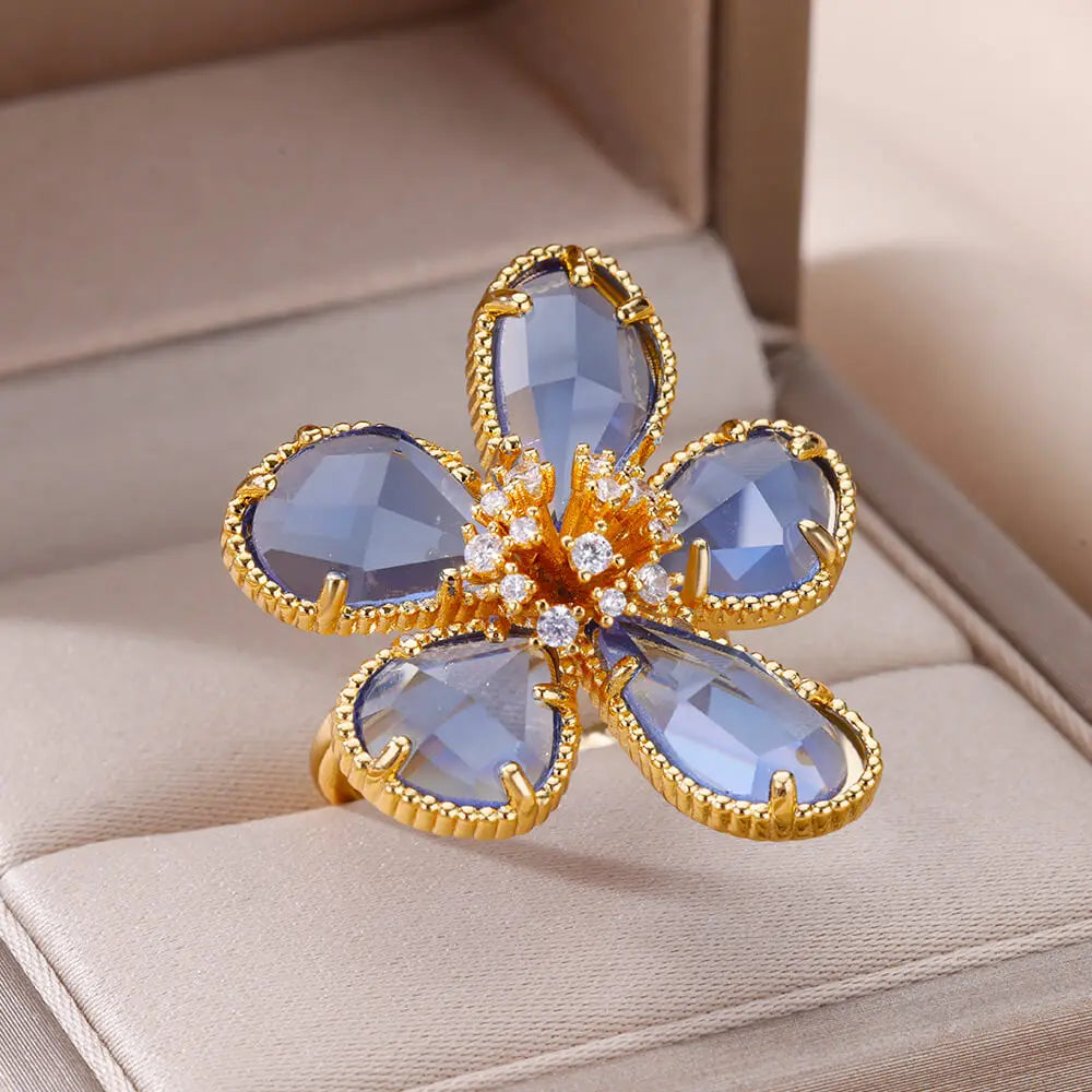 Pink Zircon Flower Rings for Women Gold Color Stainless Steel Ring Elegant Luxury Aesthetic Jewelry-Dollar Bargains Online Shopping Australia