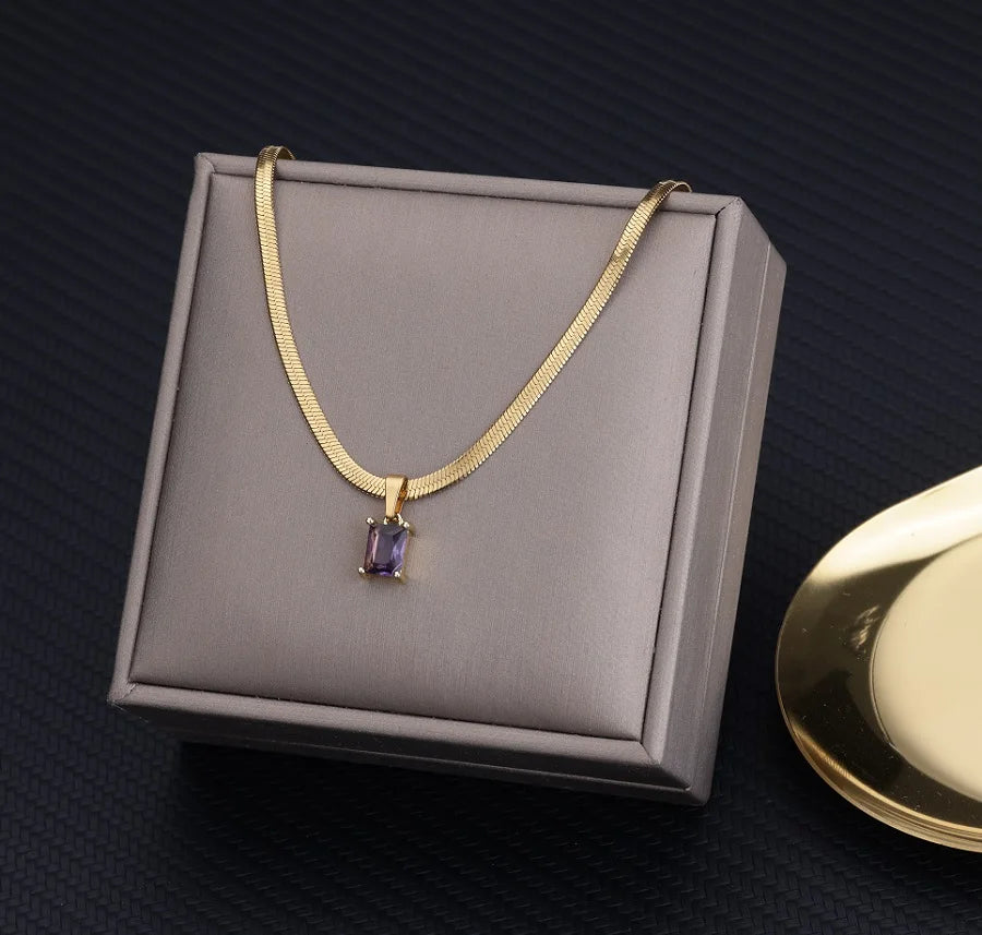 Vintage Rust Steel Zircon Necklace Flat Snake Bone Chain Blade Chain Square Emerald Pendant Necklace Women-Dollar Bargains Online Shopping Australia