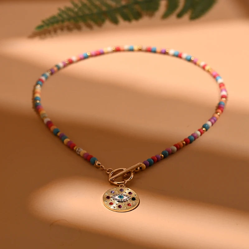 4mm Colorful Stone Choker Necklace for Women Round Evil Charm Pendant Necklace Fashion New Daily Jewelry-Dollar Bargains Online Shopping Australia