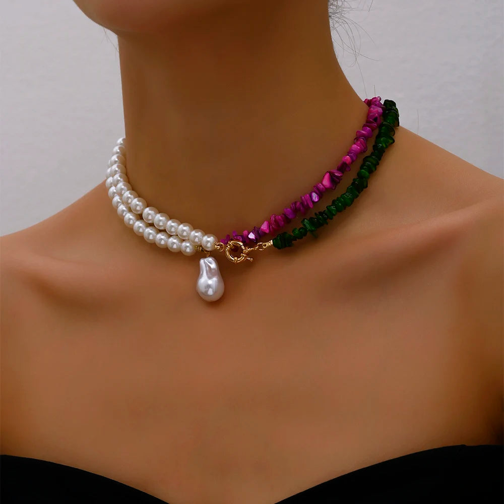 Elegant Jewelry Wedding Big Pearl Necklace For Women Fashion Imitation Pearl Green Rose Color Stone Choker Necklace-Dollar Bargains Online Shopping Australia