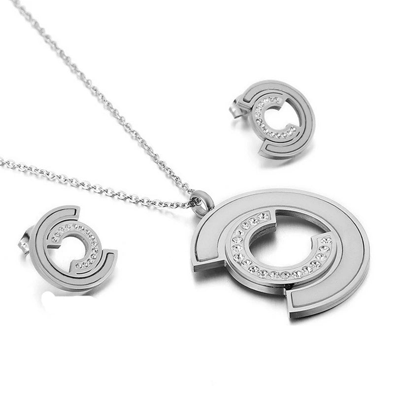 Stainless Steel Jewelry Sets For Women Three Rounds Pendant Necklace Earrings Set Women Fashion Zirconia Wedding Jewelry-Dollar Bargains Online Shopping Australia