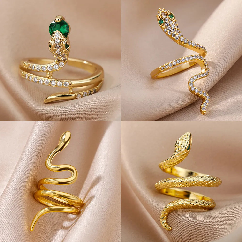 Stainless Steel Snake Rings For Women Men Gold Color Open Adjustable Zircon Ring Vintage Gothic Aesthetic Jewelry-Dollar Bargains Online Shopping Australia