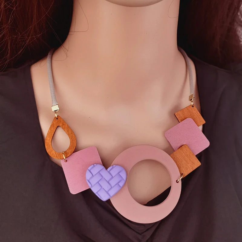 Geometric Wooden Pendant Ethnic Statement Bib Necklace for Women Handmade Maxi Necklaces Vintage Jewelry-Dollar Bargains Online Shopping Australia