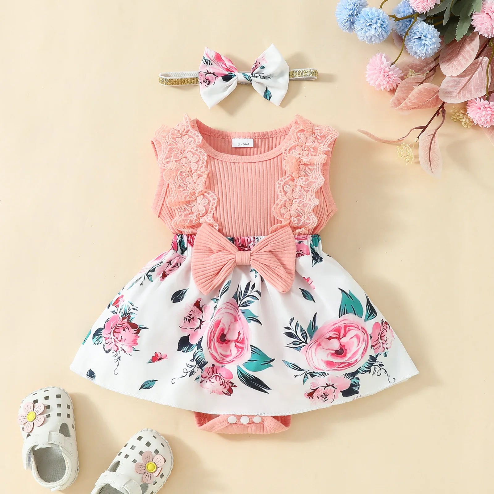 2024 Newborn Baby Girl Dress Sleeveless Lace Triangle Sweetheart 0-1 Year Old Baby Flower Bow Dress Headband-Dollar Bargains Online Shopping Australia