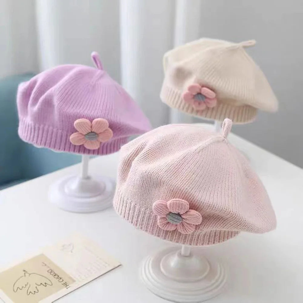 Flower Baby Beret Hat Solid Color Winter Warm Knitted Beanie Cap For Infant Girl Korean Toddler Princess Artist Painter Cap-Dollar Bargains Online Shopping Australia