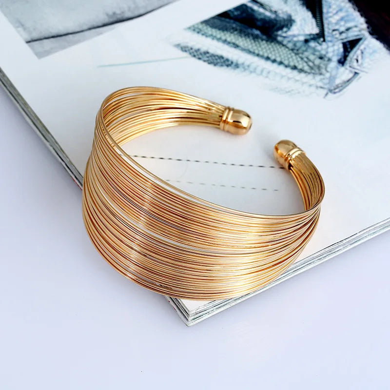 Punk Multilayer Metal Wires Strings Bracelets Bangles For Women Vintage Exaggerated Gold Color Wide Open Cuff Bangles Jewelry-Dollar Bargains Online Shopping Australia