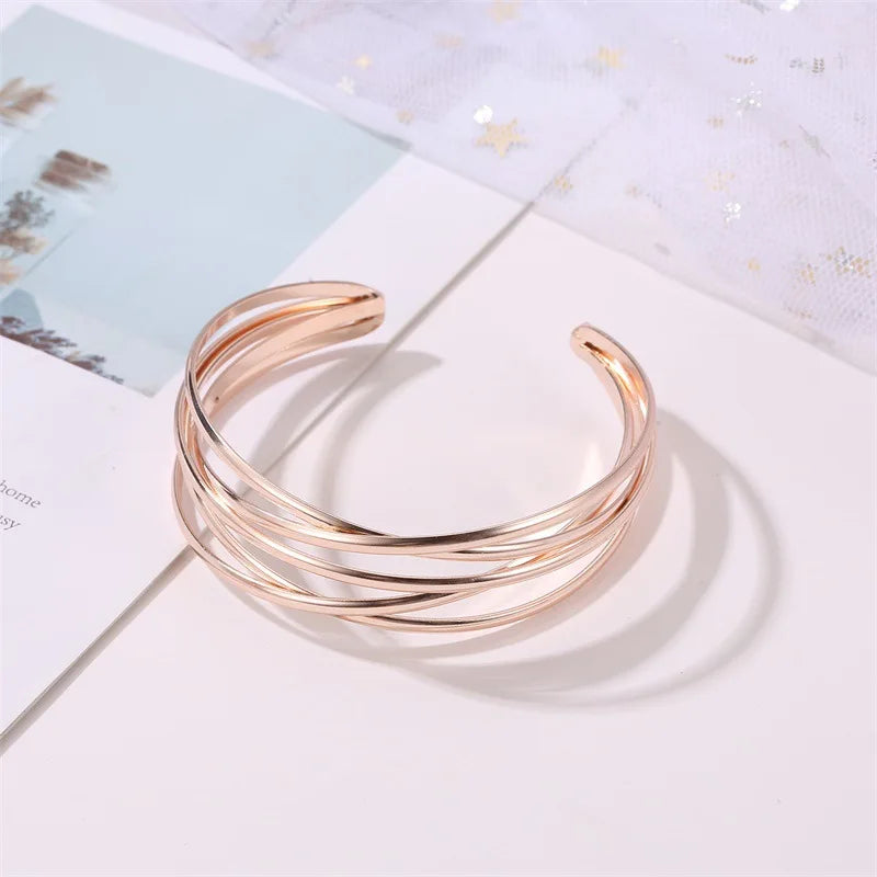 Punk Multilayer Metal Wires Strings Bracelets Bangles For Women Vintage Exaggerated Gold Color Wide Open Cuff Bangles Jewelry-Dollar Bargains Online Shopping Australia