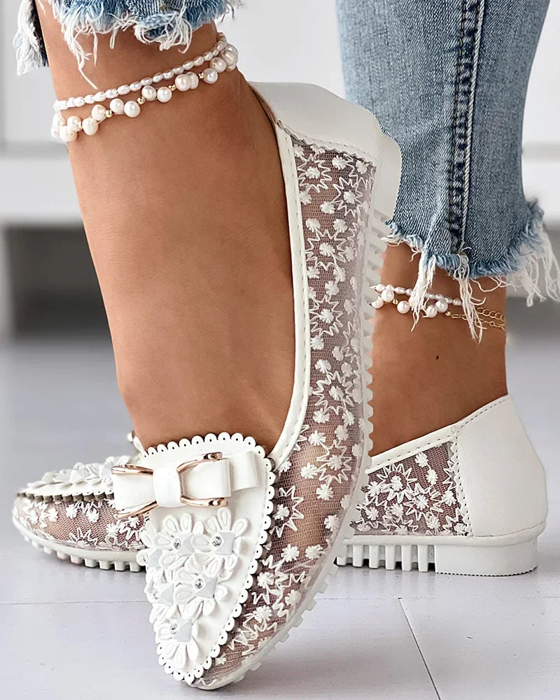 Summer Breathable Solid Color Vulcanized Shoes Floral Embroidery Bowknot Loafers Women Non-slip Flower Sneakers-Dollar Bargains Online Shopping Australia
