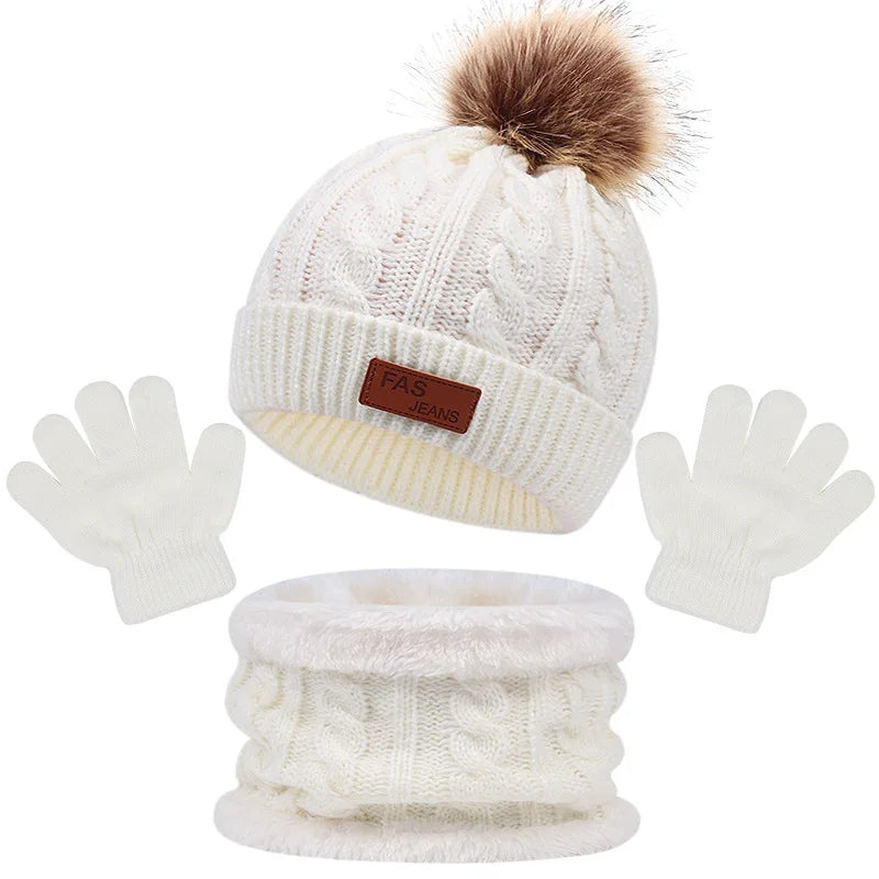 Children Winter Warm Suits Knitted Hat Scarf and Gloves Set For Girls Boy Pompoms Baby Beanies Cap Christmas Gifts For Kids 1-5y-Dollar Bargains Online Shopping Australia
