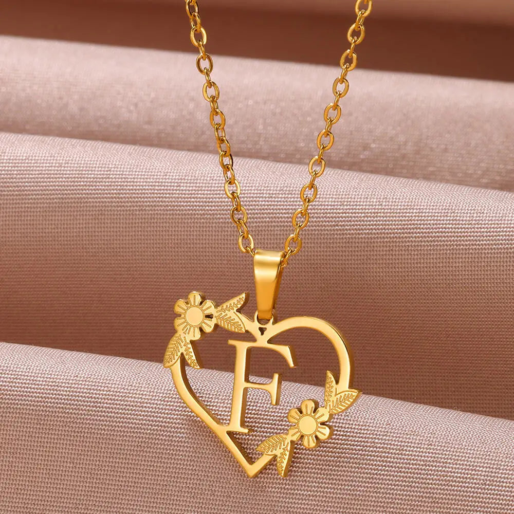 Gold Color Dainty Flower Initials Necklace Women Girl Stainless Steel Heart Letter Choker Necklace Best Gifts Alphabet Jewelry-Dollar Bargains Online Shopping Australia