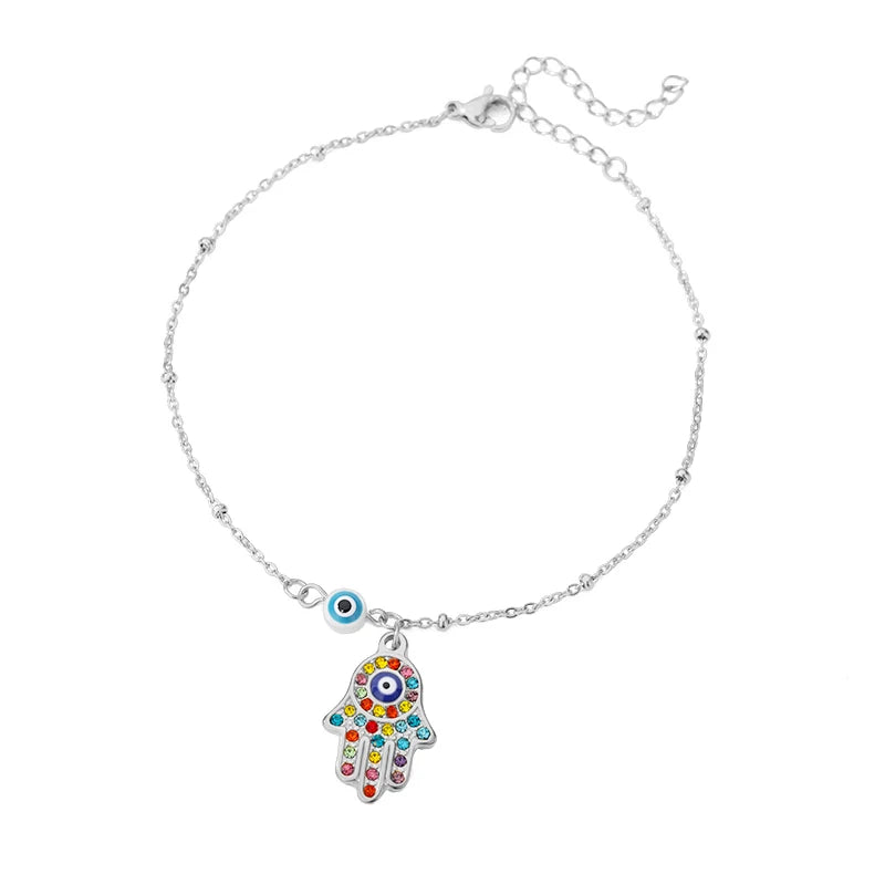 Hamsa Hand Evil Eye Anklets For Women Stainless Steel Adjustable Chain Anklet Bracelet SummerLeg Foot Jewelry Gift-Dollar Bargains Online Shopping Australia