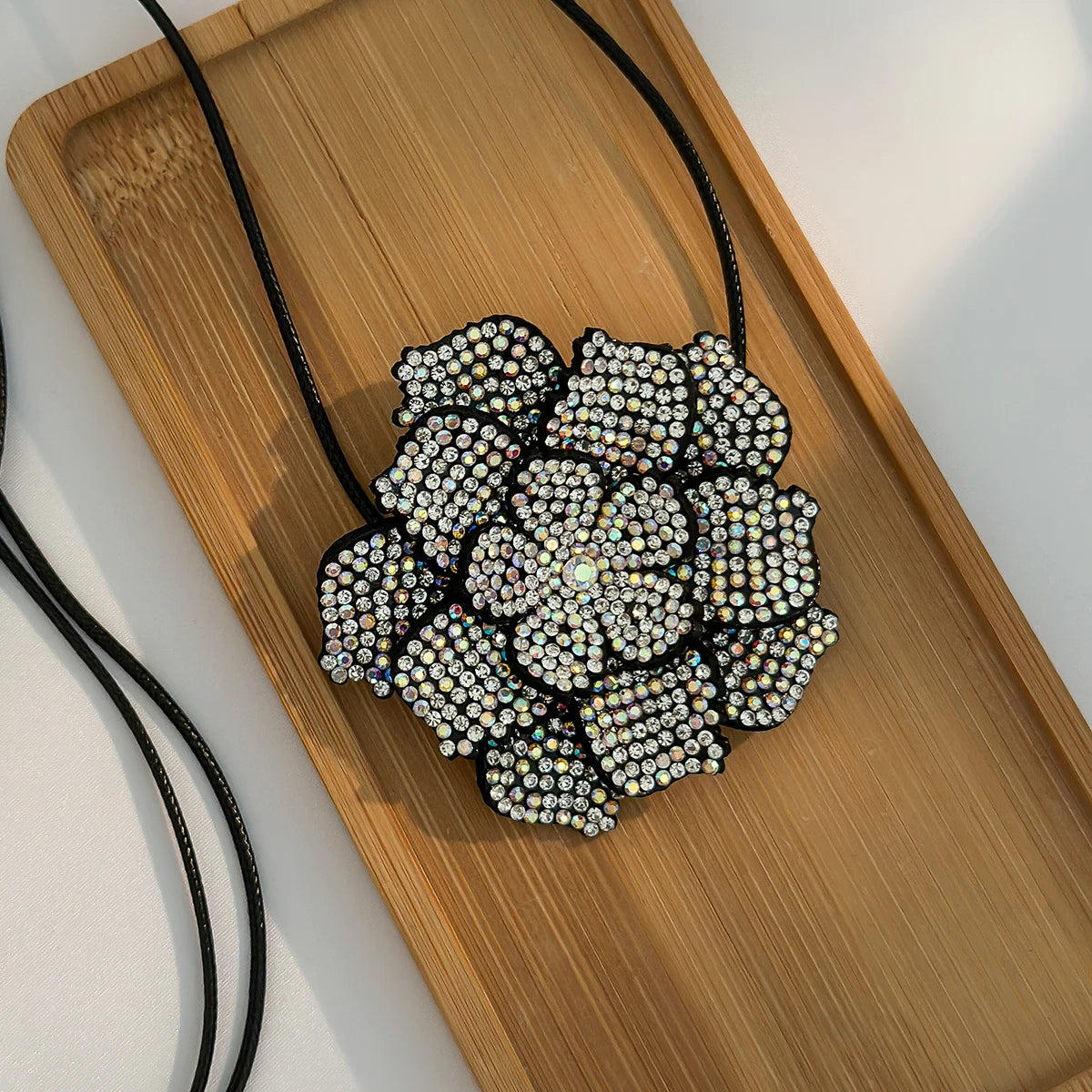 Luxury Full Rhinestone Big Rose Flower Choker Necklace Women Black Leather Wax Rope Clavicle Chain Adjustable Neck-Dollar Bargains Online Shopping Australia