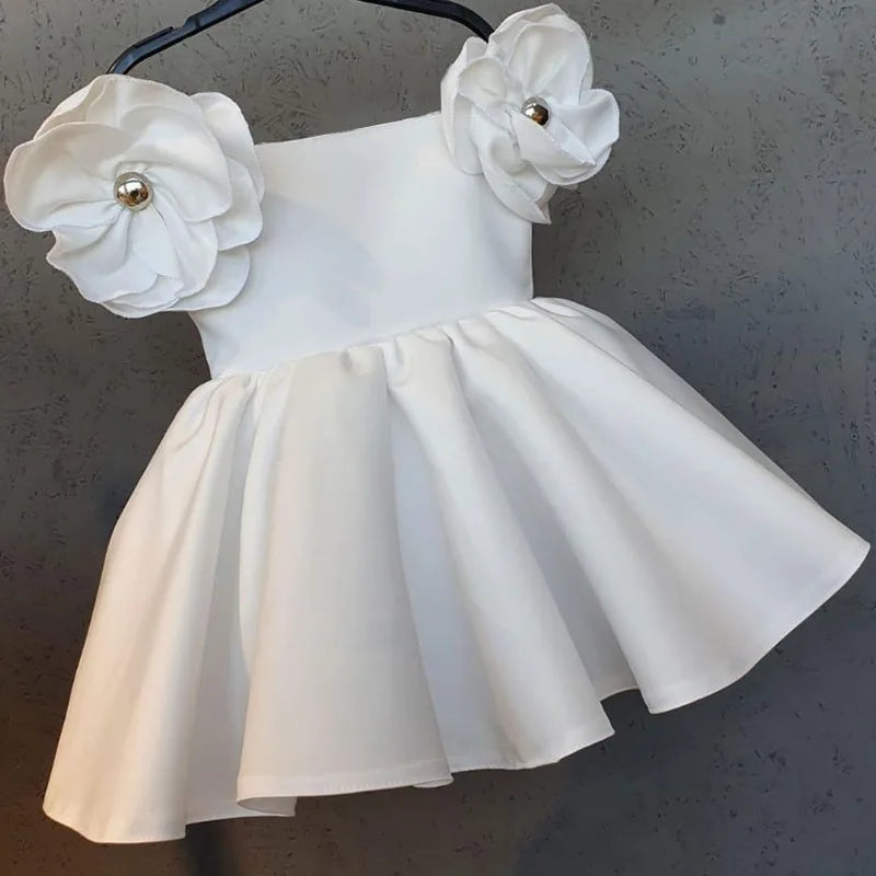 Girl Satin Face Tulle Petal Sleeve Dress Children Vestido Vintage Solid Color Wedding Birthday Party Princess Dress Kid Clothes-Dollar Bargains Online Shopping Australia