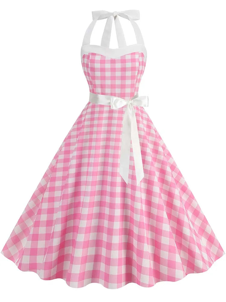 Vintage 50s 60s Women Summer Party Dress With Belt Pink Plaid Print Halter Hepburn Robe Rockabilly Dresses-Dollar Bargains Online Shopping Australia