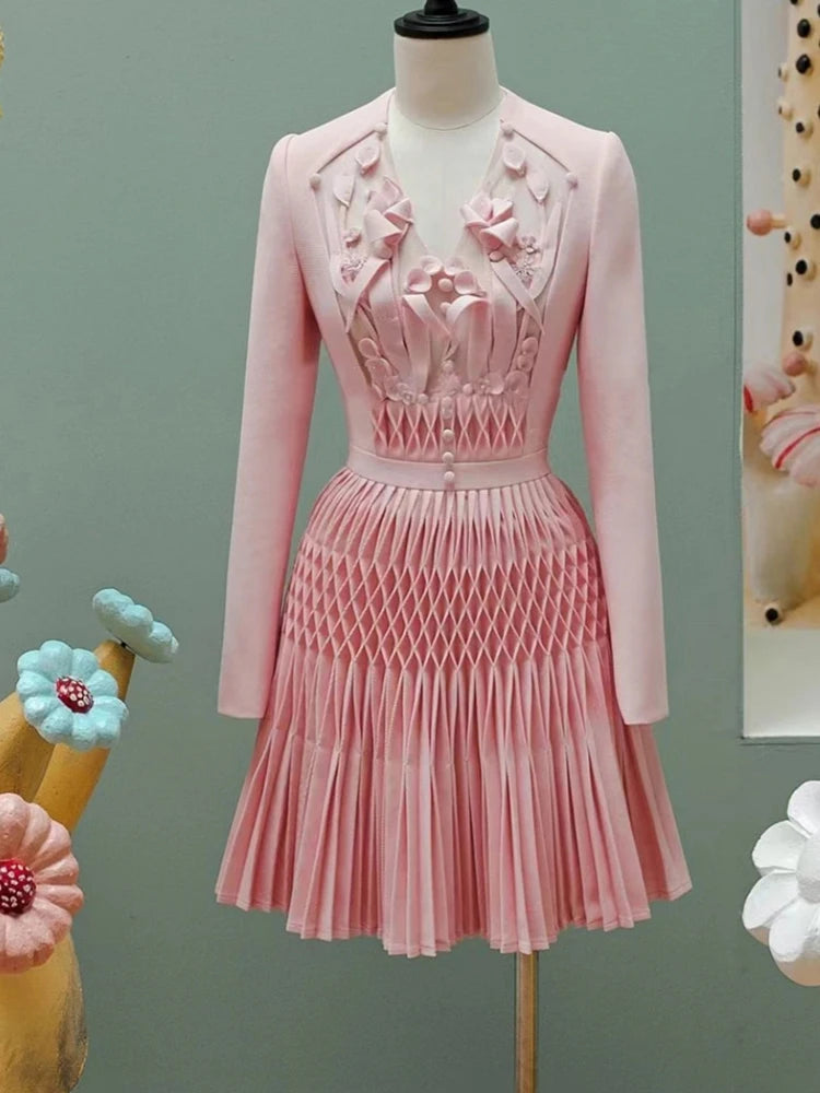 Dress V-neck Pleated Buttons 3D Flower Patchwork A-line Women's Evening Party Dresses-Dollar Bargains Online Shopping Australia