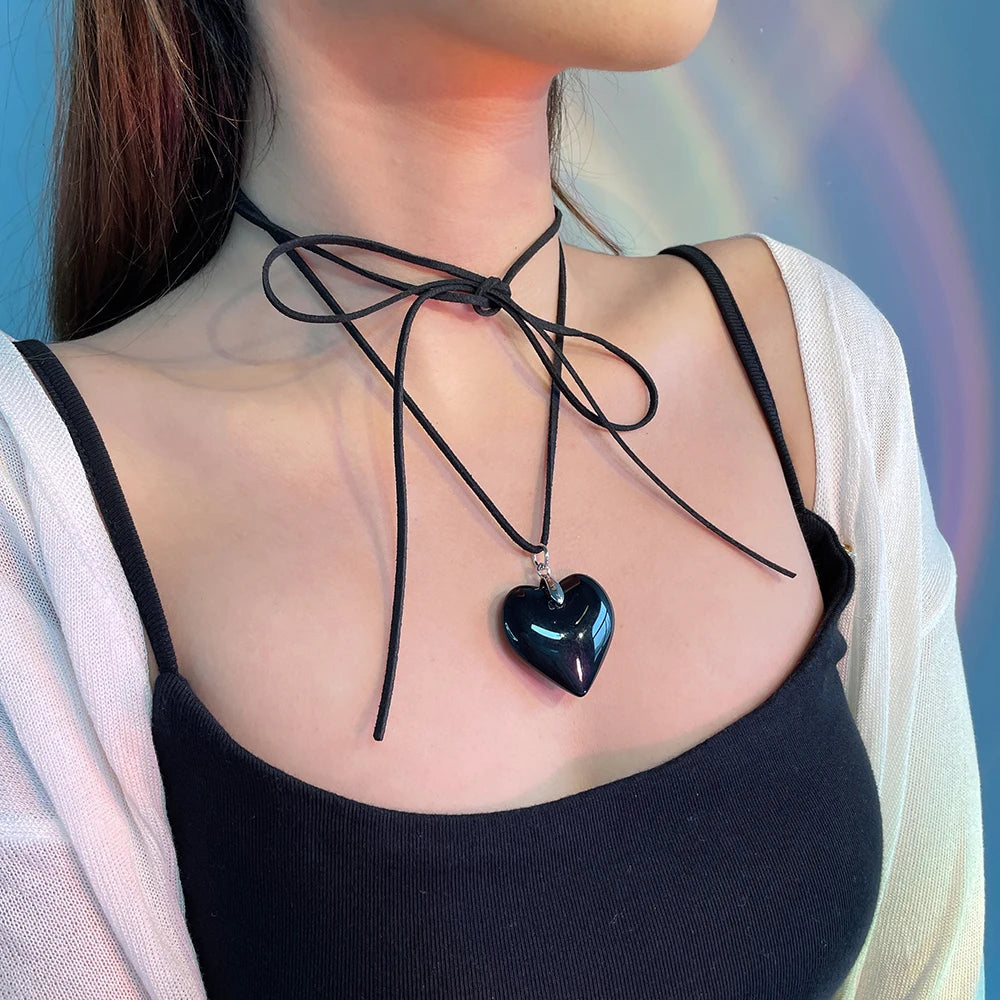 Goth Black Velvet Big Heart Pendant Choker Necklace for Women Elegant Weave Knotted Bowknot Adjustable Chain-Dollar Bargains Online Shopping Australia