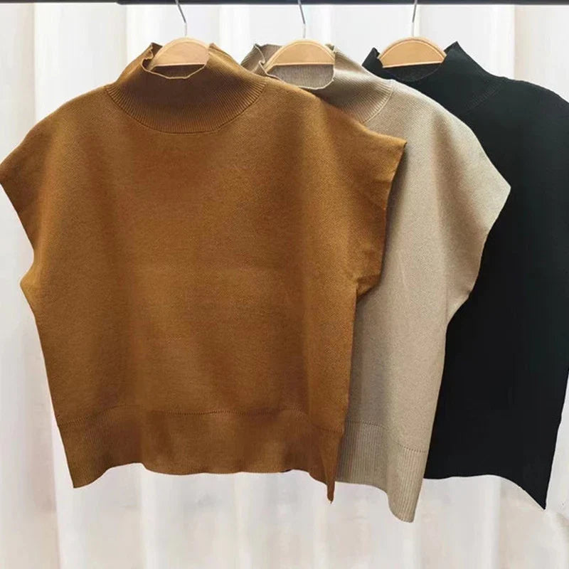 Fashion Vest Shirt Solid Stand-up Collar Knitted Sweater Short Sleeve Office Lady Loose Elegant All-Match Straight Tops 20397-Dollar Bargains Online Shopping Australia