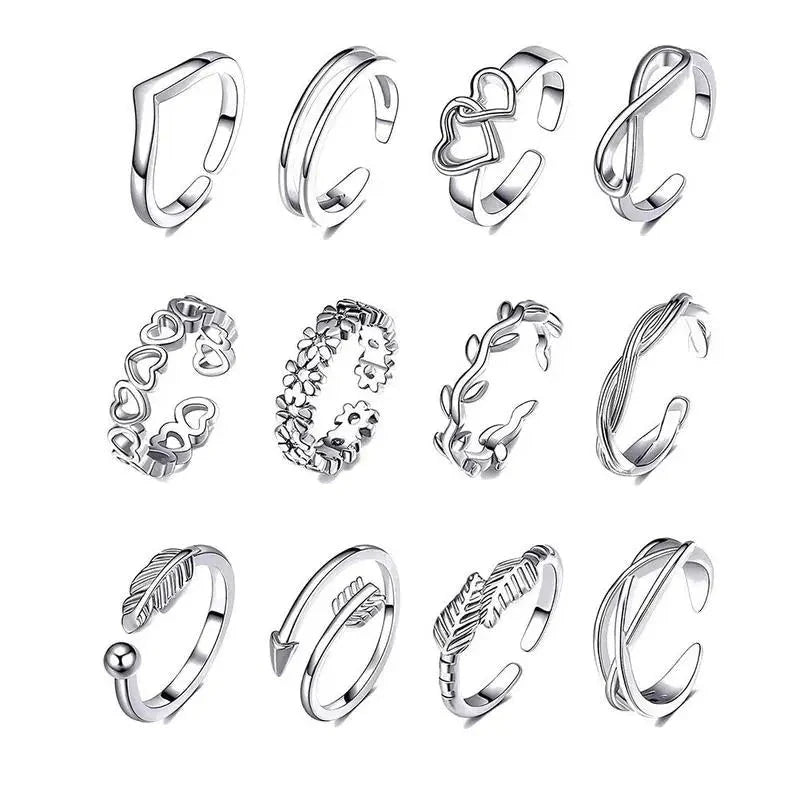 12pcs Adjustable Toe Rings For Women Girls Simple Beach Open Toe Set Cute Heart Feather Summer Toe Foot Jewelry-Dollar Bargains Online Shopping Australia