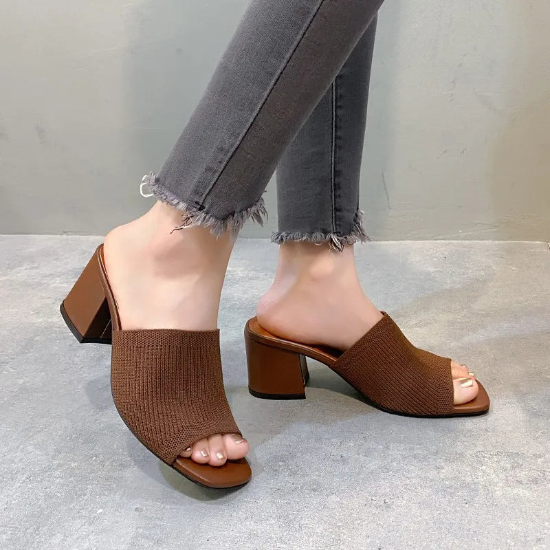 Flyknit High Heel Sandals Women Knitted Breathable Thick Heel Women Slippers Open Toe Fashion Sandals-Dollar Bargains Online Shopping Australia