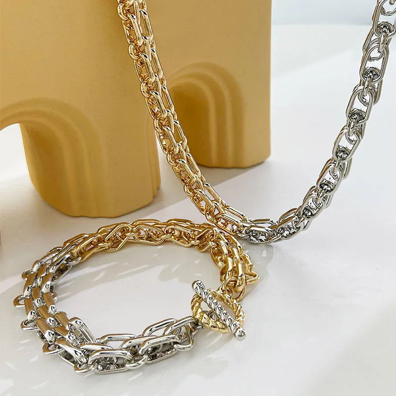 Hip Hop Two Tone Thick Wide Link Chains Chunky Necklace for Woman OT Buckle Metal Choker Necklaces Statement Jewelry Gift-Dollar Bargains Online Shopping Australia