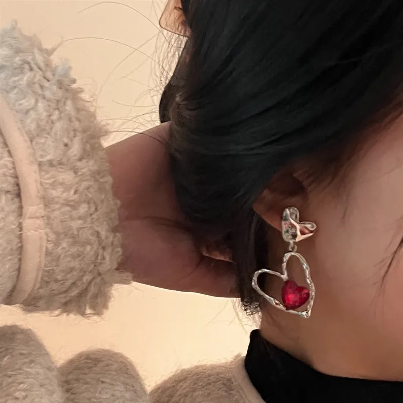 Red Crystal Stone Dangle Earrings Simple Vintage Gothic Pearl Heart Pendant Earring Ear Drop