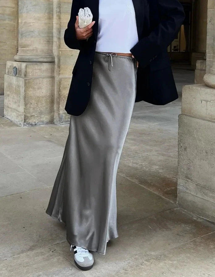 A Line Long Satin Skirts For Women Black High Waist Maxi Beige Skirts Silk Lace Up Long Skirt Women