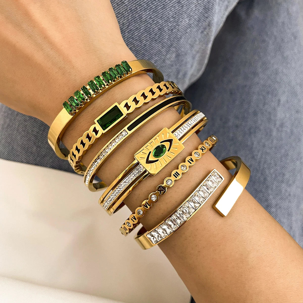 Chic Green Zircon Stainless Steel Bangle Bracelets for Women Charm Texture Simple Gold Color Accessories-Dollar Bargains Online Shopping Australia