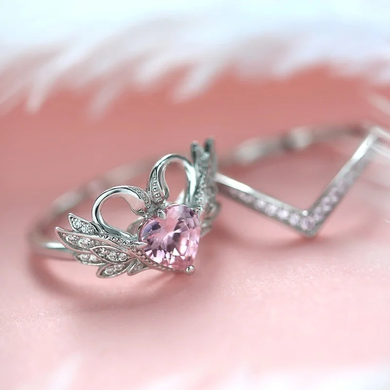 Silver Color Heart Ring Women's Engagement Zircon Swan Ring Set Bridal Party Wedding Jewelry Gift-Dollar Bargains Online Shopping Australia